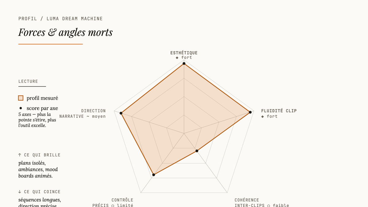 Diagramme radar à cinq axes montrant le profil de Luma Dream Machine : esthétique et fluidité de clip très élevées, cohérence inter-clips et contrôle précis faibles, direction narrative moyenne.