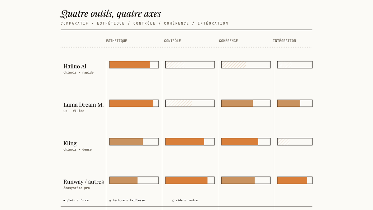 Tableau comparatif visuel de quatre outils IA vidéo (Hailuo, Luma, Kling, Runway) évalués sur quatre axes : esthétique, contrôle, cohérence, intégration, avec barres pleines pour les forces et hachurées pour les faiblesses.