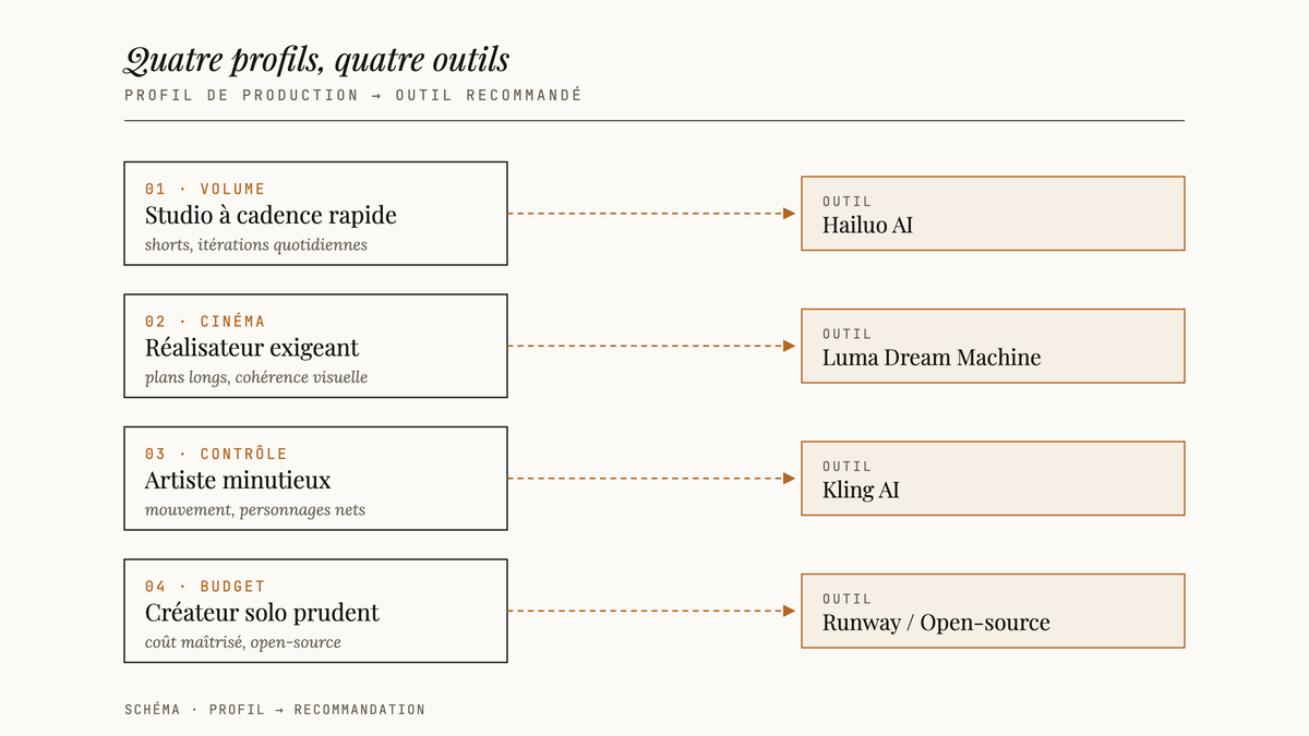 Schéma éditorial associant quatre profils de production vidéo IA (volume, cinéma, contrôle, budget) à un outil recommandé via des flèches en pointillés ambre.