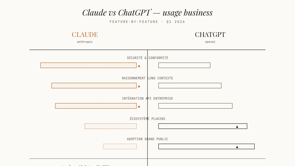 Diagramme comparatif feature-by-feature opposant Claude et ChatGPT sur cinq critères business : sécurité, raisonnement, API, plugins et grand public.