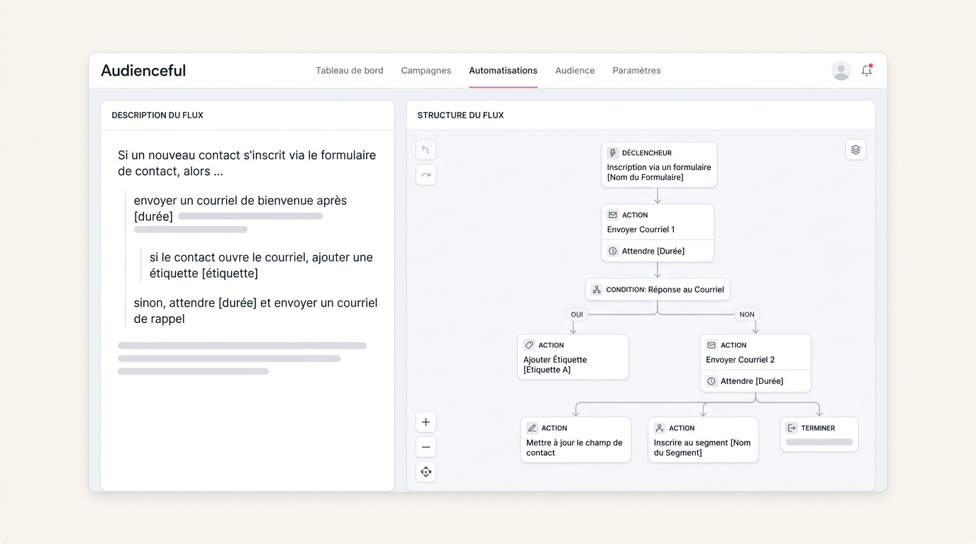 éditeur de flux d'automatisation avec un panneau de description en langage naturel à gauche et la structure du flux générée visuellement à droite, avec des étapes reliées par des flèches et des conditions visibles