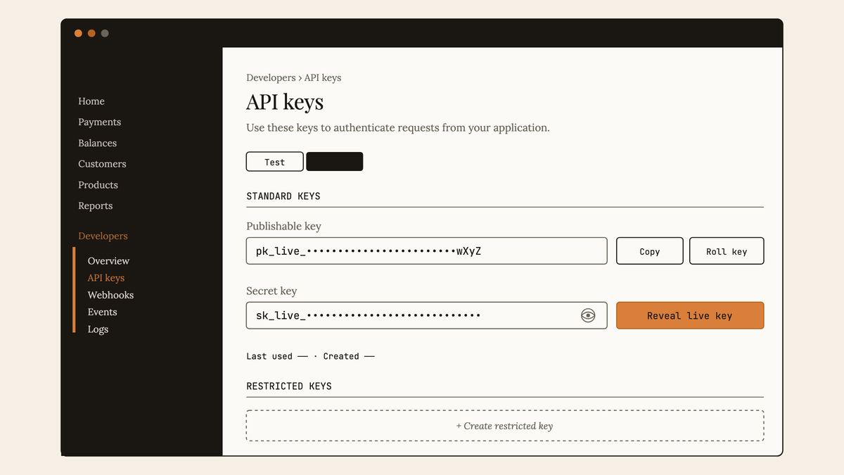 Maquette au trait du tableau de bord Stripe, section Developers › API keys, avec clé publiable et clé secrète partiellement masquées et un bouton Reveal live key.
