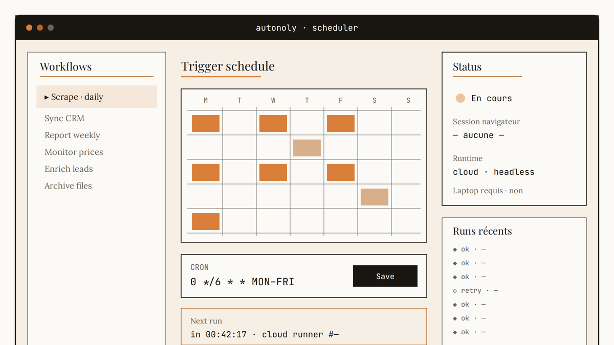Maquette d'interface Autonoly montrant un calendrier de scheduling hebdomadaire et un panneau de statut « En cours » sans session navigateur.