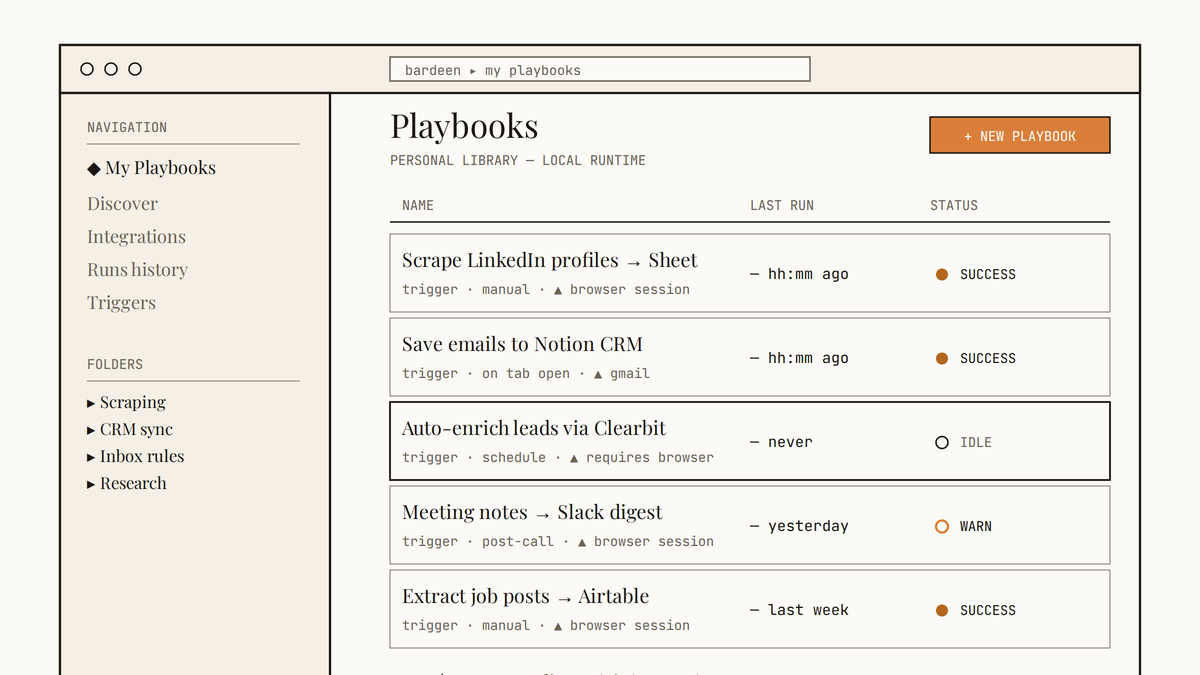 Maquette au trait d'un écran de bibliothèque de playbooks Bardeen, listant plusieurs automations avec leurs déclencheurs, dernière exécution et statut.