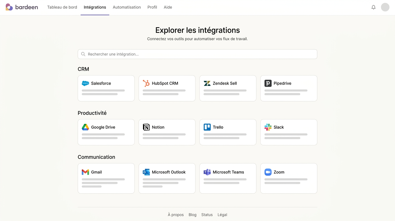 galerie des intégrations disponibles dans le dashboard, montrant des logos d'apps organisés par catégorie (CRM, productivité, communication) sans afficher de chiffres ou de noms fictifs