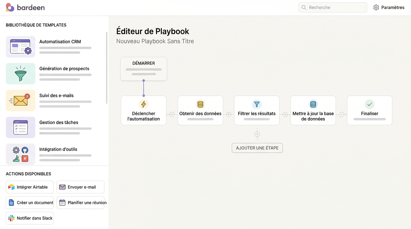 interface de construction d'un playbook no-code avec des blocs d'action glisser-déposer et une bibliothèque de templates visible sur le panneau latéral