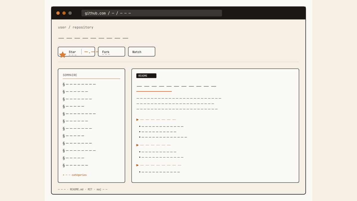 Maquette éditoriale d'une page de dépôt GitHub montrant un README, un sommaire de catégories et un compteur d'étoiles.