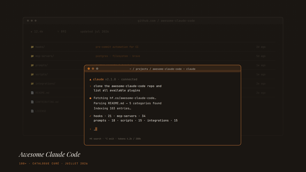 Terminal sombre affichant une session Claude Code active, superposé à une liste de dépôts GitHub du repo awesome-claude-code en arrière-plan.