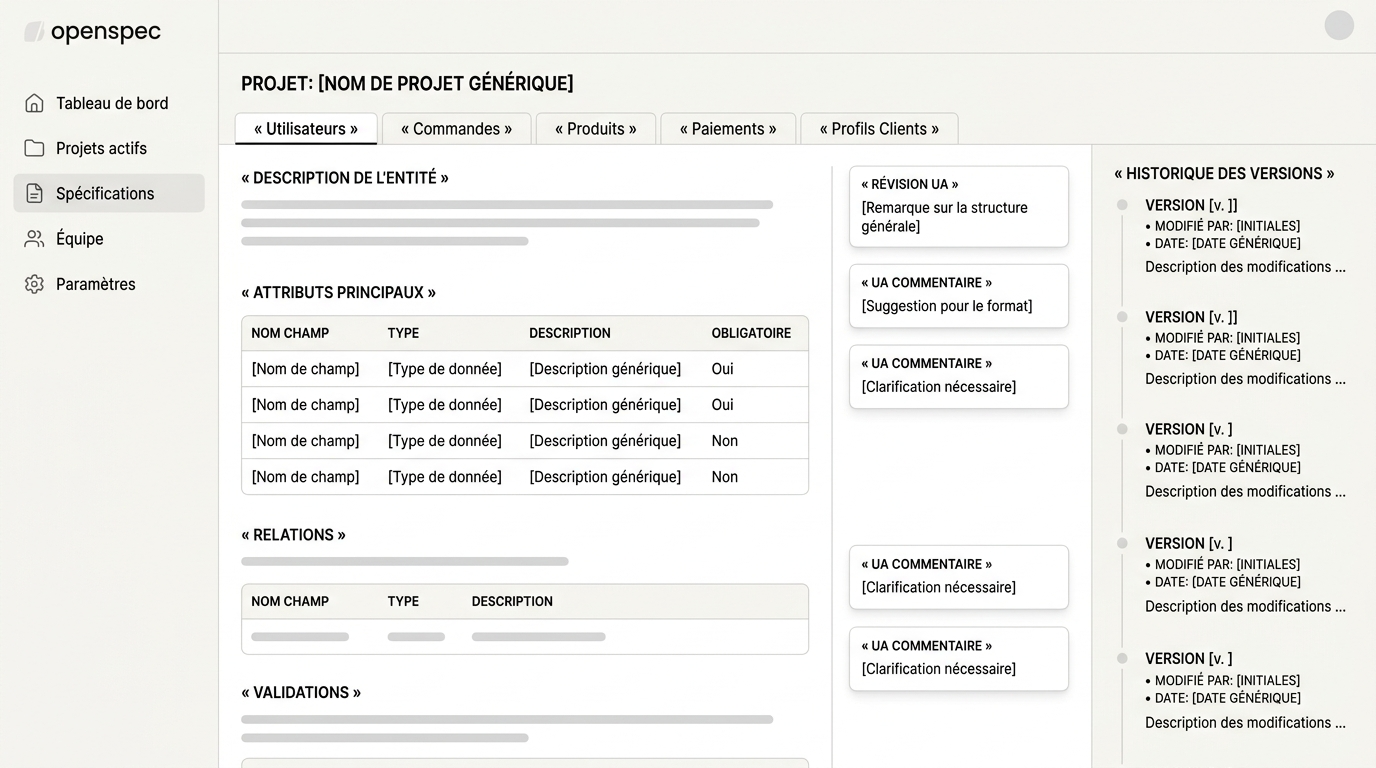 un projet en cours avec plusieurs specs d'entités différentes ouvertes en onglets, des annotations de révision visibles dans la marge, et une vue de l'historique des versions de la spec