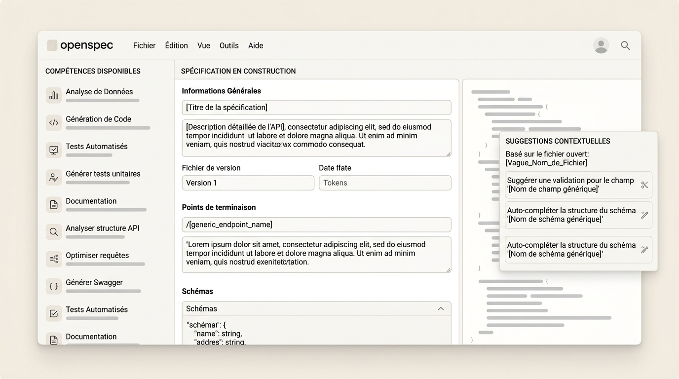 vue de l'intégration IDE avec un panneau latéral montrant les skills disponibles, une spec en cours de construction dans l'éditeur principal, et des suggestions contextuelles liées au code ouvert
