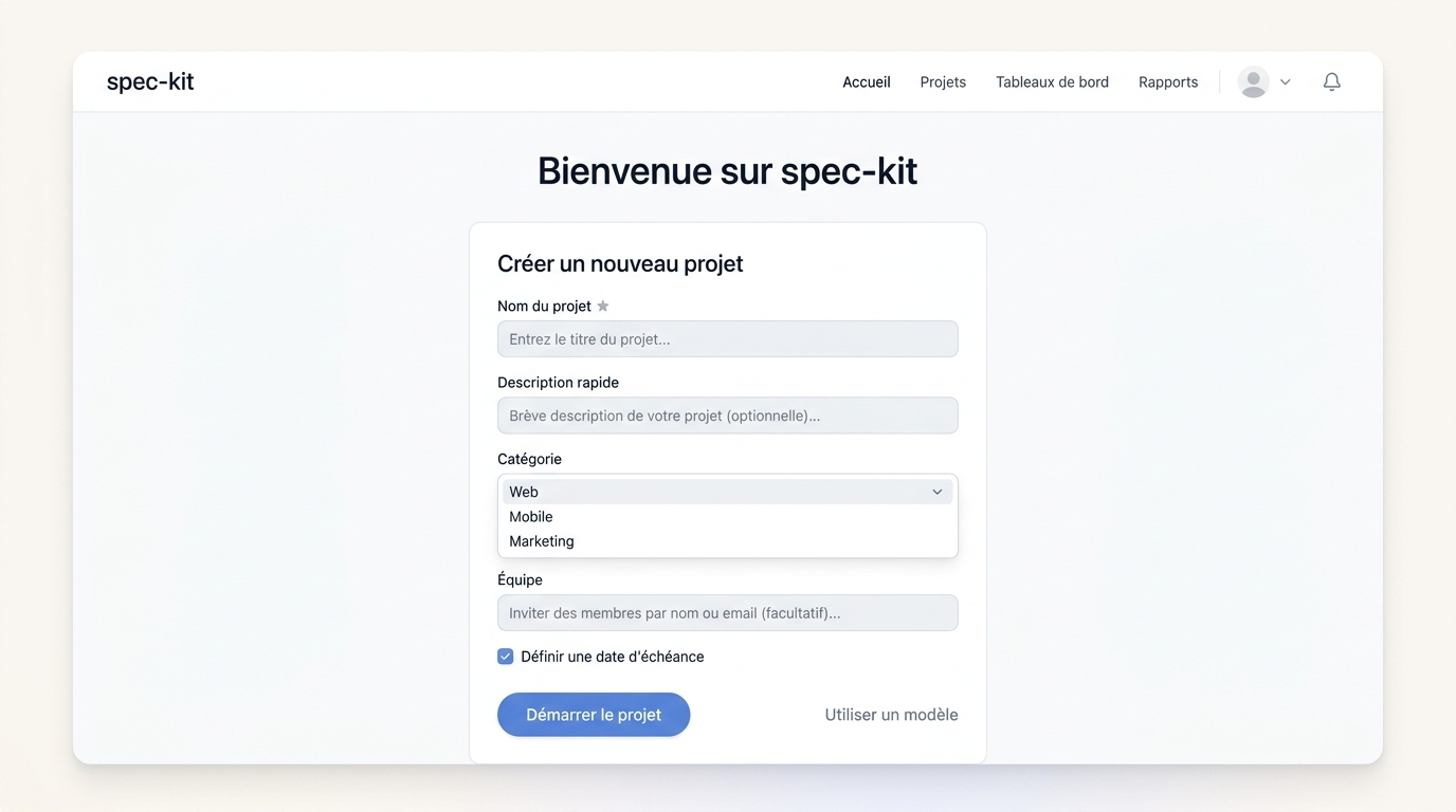 écran d'accueil simplifié avec un formulaire court de définition de projet, peu de champs obligatoires, et un bouton de démarrage rapide visible