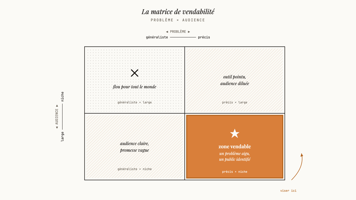 Matrice 2×2 opposant précision du problème et étroitesse de l'audience, avec la case précis × niche mise en évidence comme zone de vendabilité maximale.