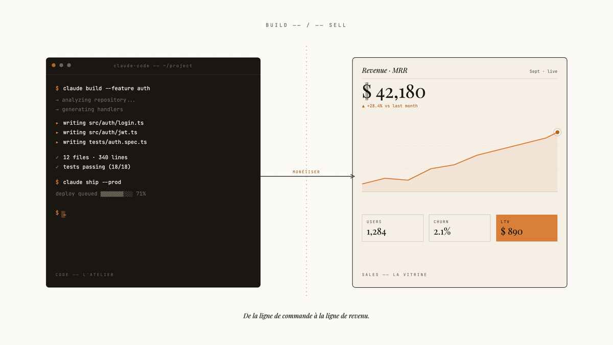 Diptyque éditorial : à gauche un terminal Claude Code générant du code et déployant en production, à droite un tableau de bord SaaS montrant MRR, courbe de revenus et indicateurs LTV, reliés par une flèche « Monétiser ».