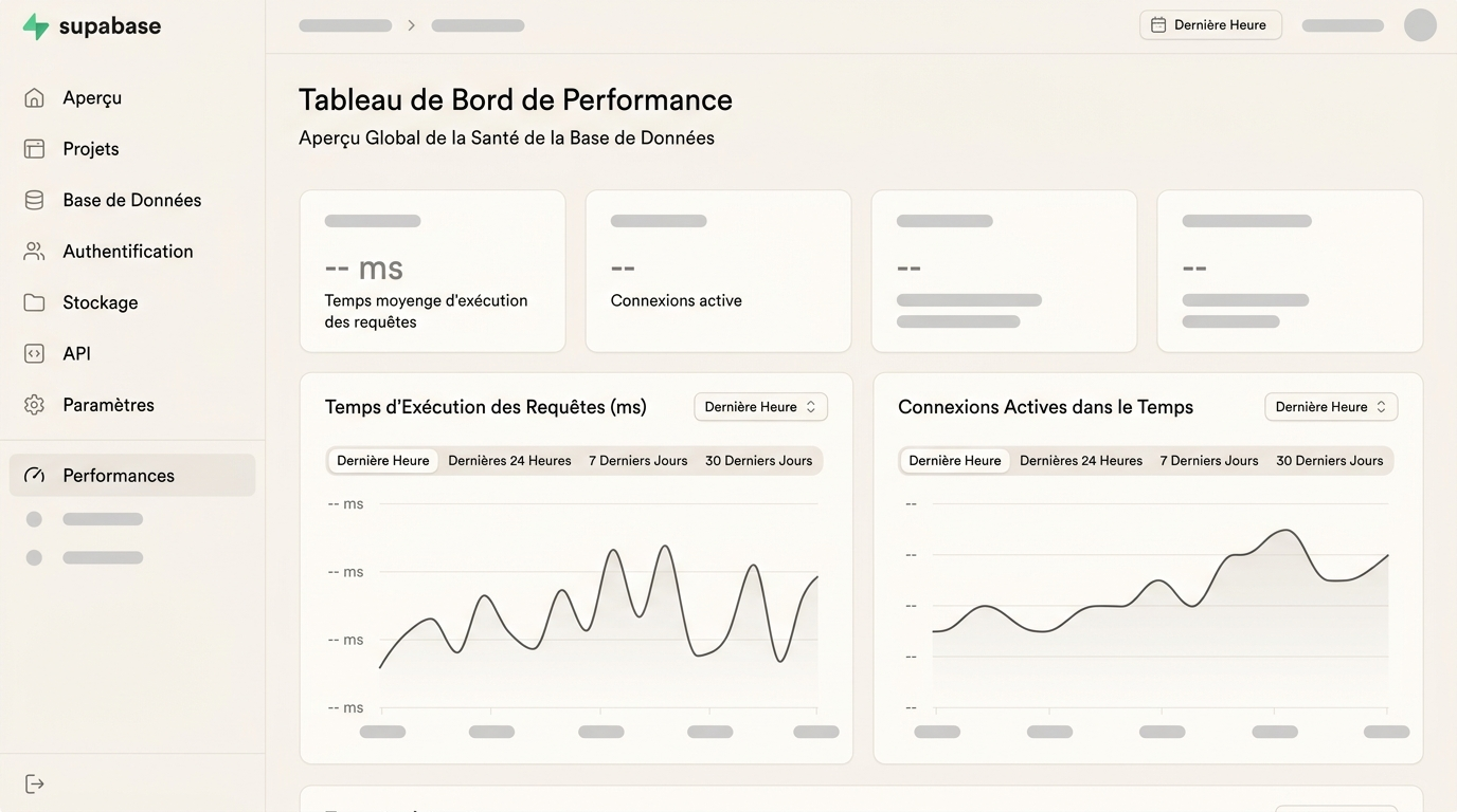 tableau de bord Supabase avec les métriques de performance, montrant query execution time et connexions actives dans le temps