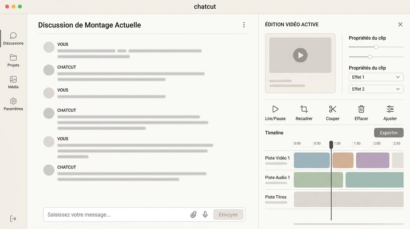 interface de ChatGPT avec un panneau latéral d'édition vidéo actif, montrant une timeline et des contrôles de coupe sur la droite de la conversation