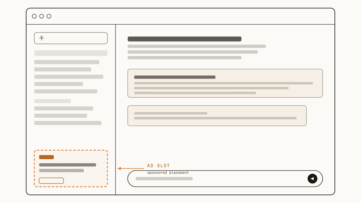 Maquette au trait de l'interface ChatGPT montrant la sidebar gauche avec un emplacement publicitaire délimité en bas.