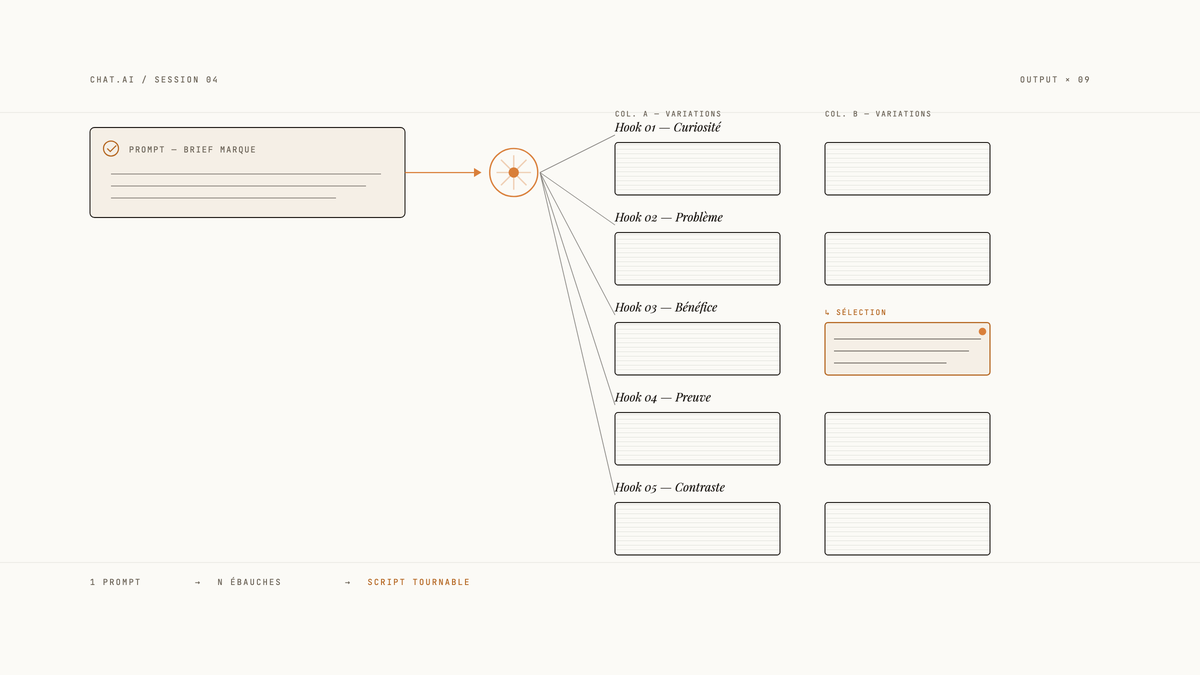 Illustration au trait d'une interface de chat IA distribuant un prompt en colonnes de scripts UGC