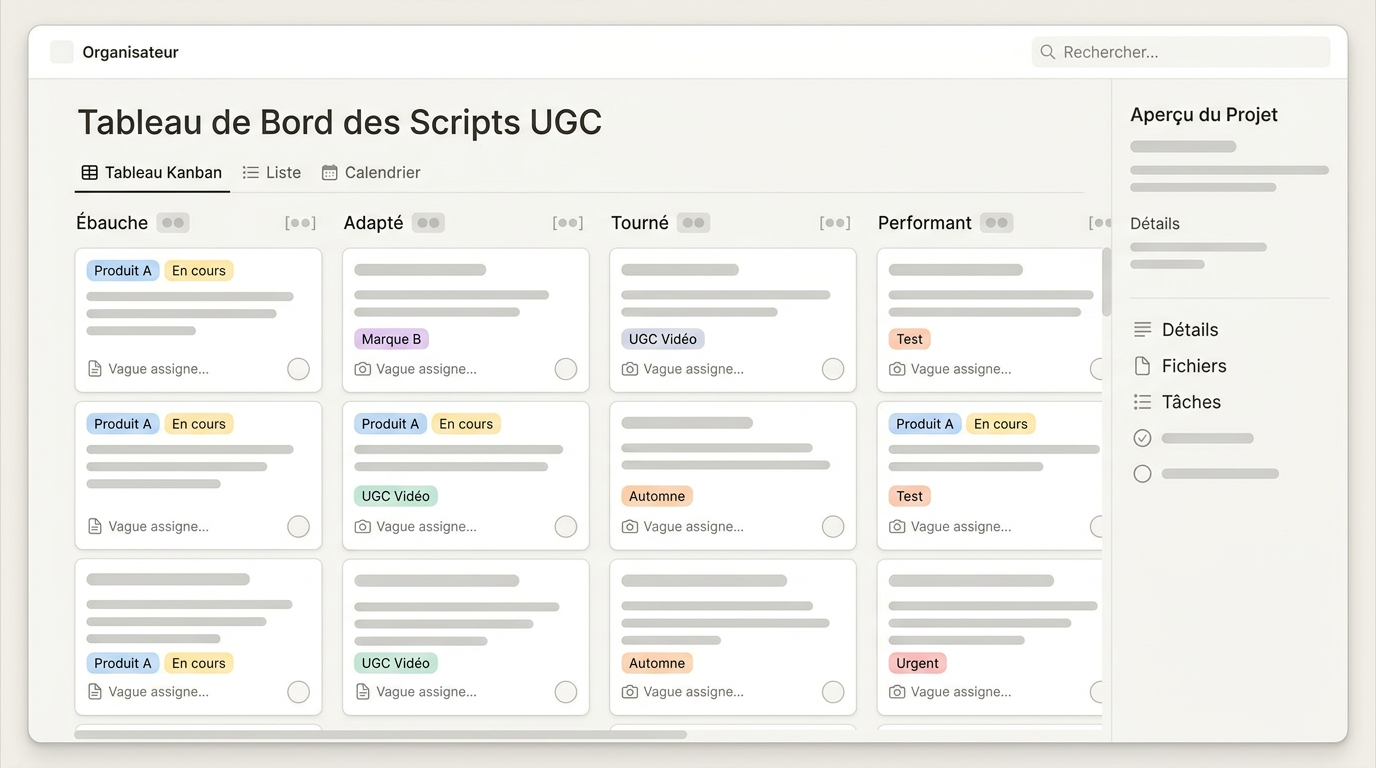 tableau kanban avec des colonnes Ébauche, Adapté, Tourné et Performant contenant des cartes de scripts UGC avec des étiquettes de produit, sans texte précis lisible