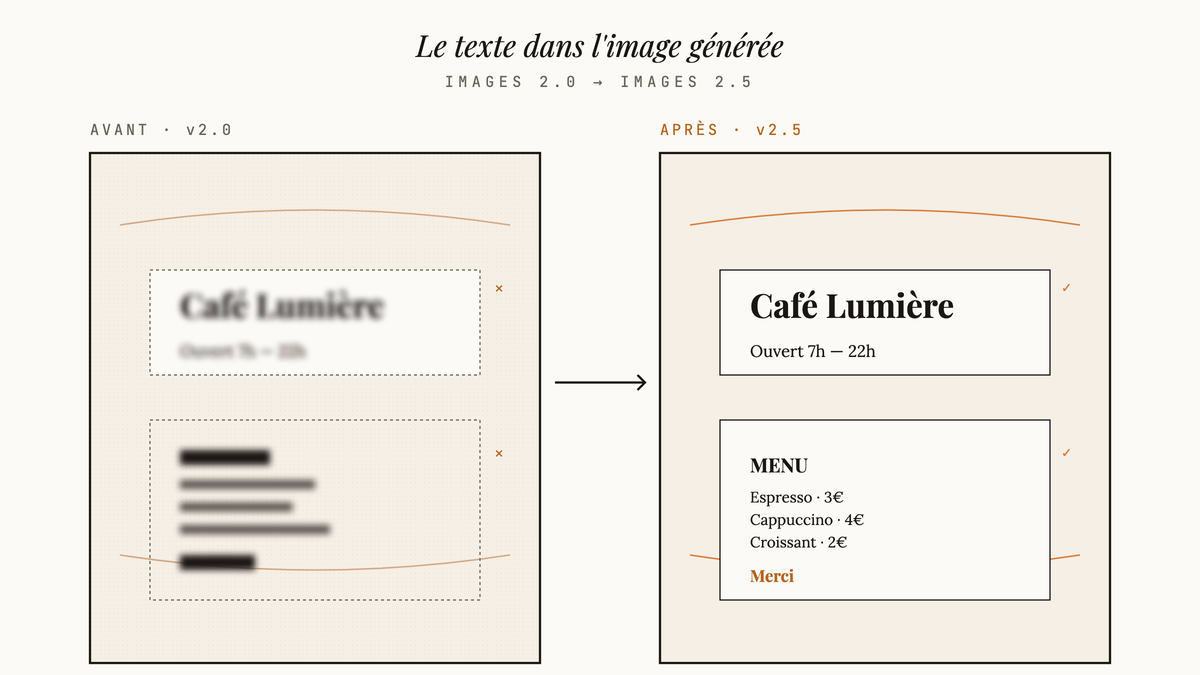 Comparaison en deux panneaux illustrant la génération de texte dans les images IA : à gauche version 2.0 avec typographie floue et déformée, à droite version 2.5 avec texte net et lisible.
