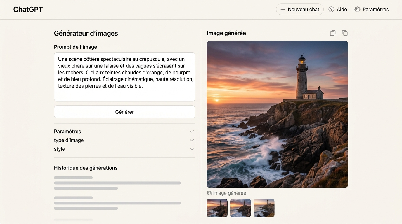 interface de génération d'image montrant un prompt détaillé entré dans le champ texte, avec une image générée à haute résolution affichée dans le panneau de droite, détails de texture visibles