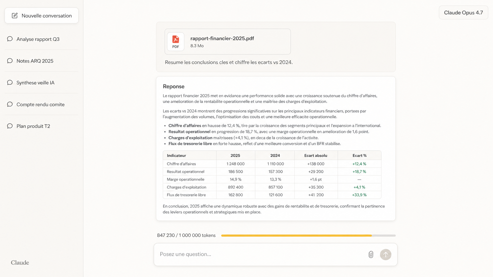 Interface Claude.ai avec un fichier PDF attaché, une réponse contenant un tableau et un compteur de tokens en bas du chat