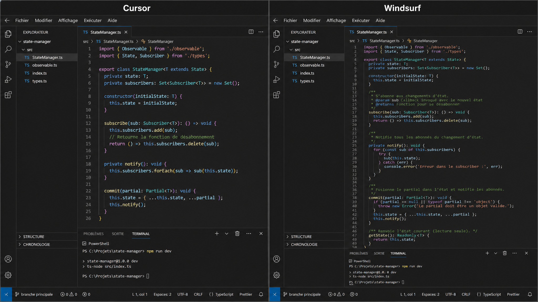 Comparaison côte à côte de code TypeScript généré par Cursor (gauche) et Windsurf (droite) pour un StateManager avec observables