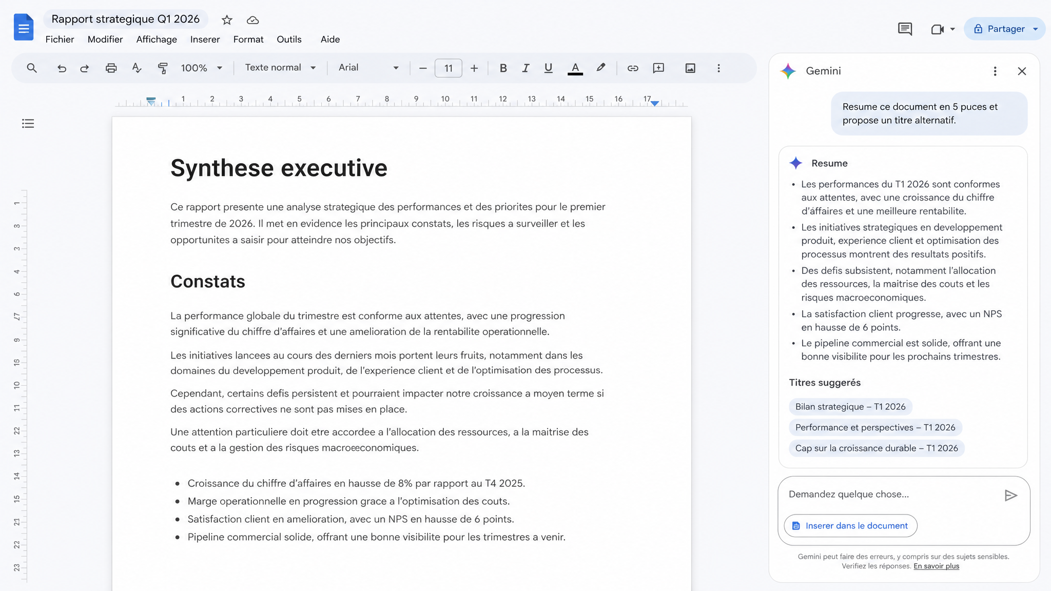 Google Docs avec le panneau Gemini ouvert à droite proposant un résumé ou une réécriture