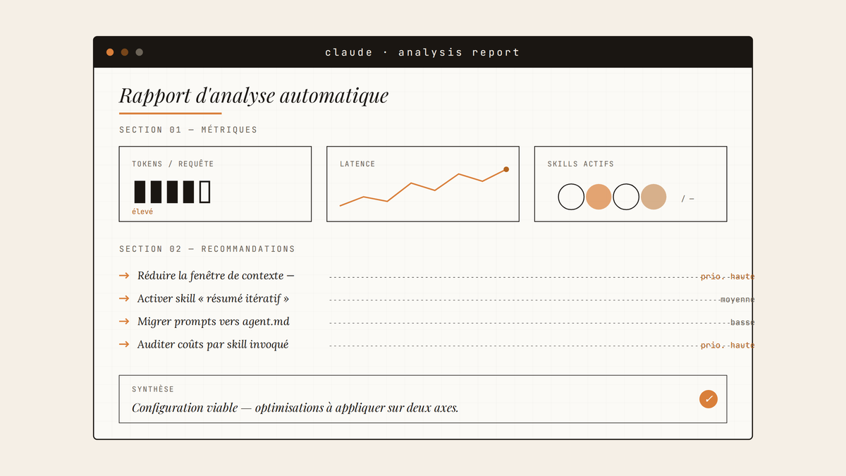 Maquette d'interface Claude montrant un rapport d'analyse automatique avec trois cartes de métriques, une liste de recommandations hiérarchisées et un encart de synthèse.