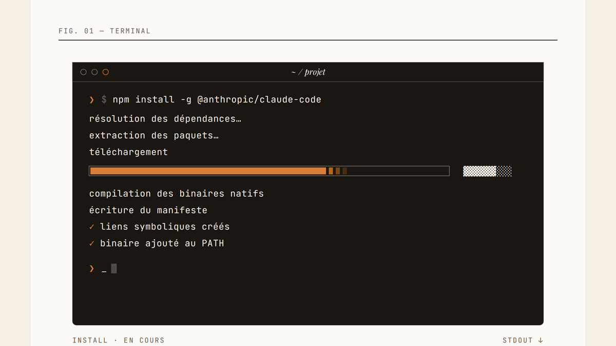 Maquette au trait d'une fenêtre de terminal exécutant l'installation de Claude Code via npm, avec une barre de progression en cours et un curseur clignotant.
