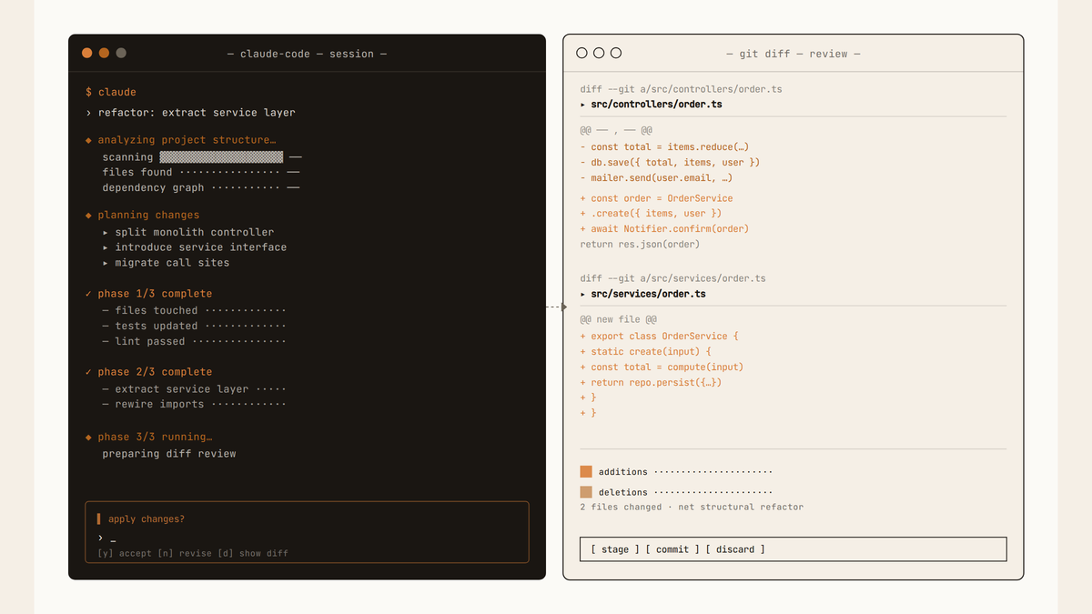 Maquette au trait d'un terminal à deux volets : à gauche une session Claude Code confirmant l'achèvement d'une phase de refactoring, à droite un git diff propre sur deux fichiers.