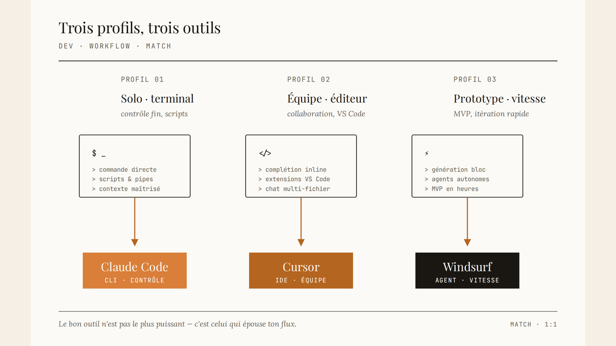 Diagramme en trois colonnes reliant chaque profil de développeur (CLI solo, équipe VS Code, prototypage rapide) à l'outil IA correspondant : Claude Code, Cursor, Windsurf.
