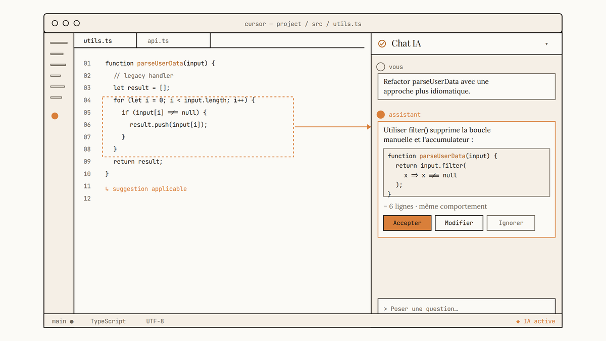 Maquette au trait d'un éditeur de code type Cursor avec panneau de chat IA latéral affichant une suggestion de refactoring pour la fonction ouverte.
