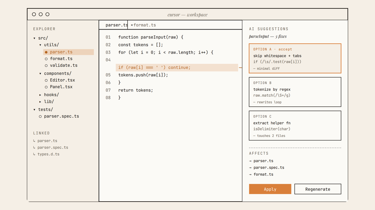 Maquette au trait d'une interface Cursor montrant un explorateur de fichiers à gauche, un éditeur de code central avec une ligne surlignée, et un panneau latéral droit listant trois options de correction IA pour une fonction.