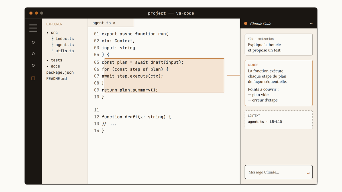 Maquette au trait de VS Code avec le panneau latéral Claude Code ouvert à droite, une sélection de code surlignée dans l'éditeur central, et une conversation en cours reliée à la sélection.