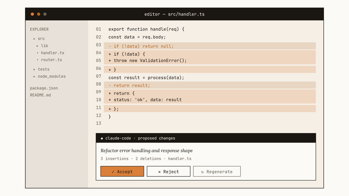 Maquette d'une fenêtre VS Code avec un diff en ligne proposé par claude-code, montrant des lignes ajoutées et supprimées, et des boutons Accept et Reject.