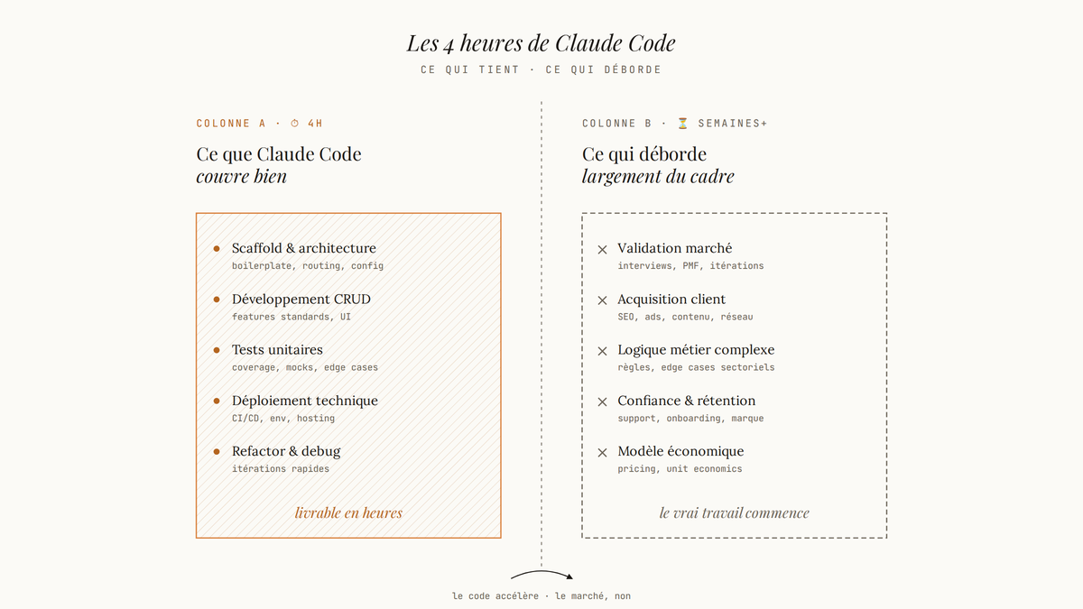 Schéma comparatif en deux colonnes opposant ce que Claude Code résout en 4 heures (développement, tests, déploiement) et ce qui prend beaucoup plus de temps (validation marché, acquisition, logique métier).