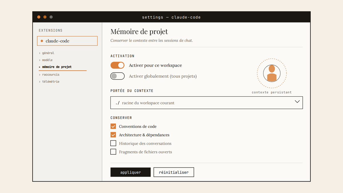 Maquette de l'interface de configuration de la mémoire de projet de Claude Code dans VS Code, avec interrupteur d'activation par workspace et options de contexte à conserver.