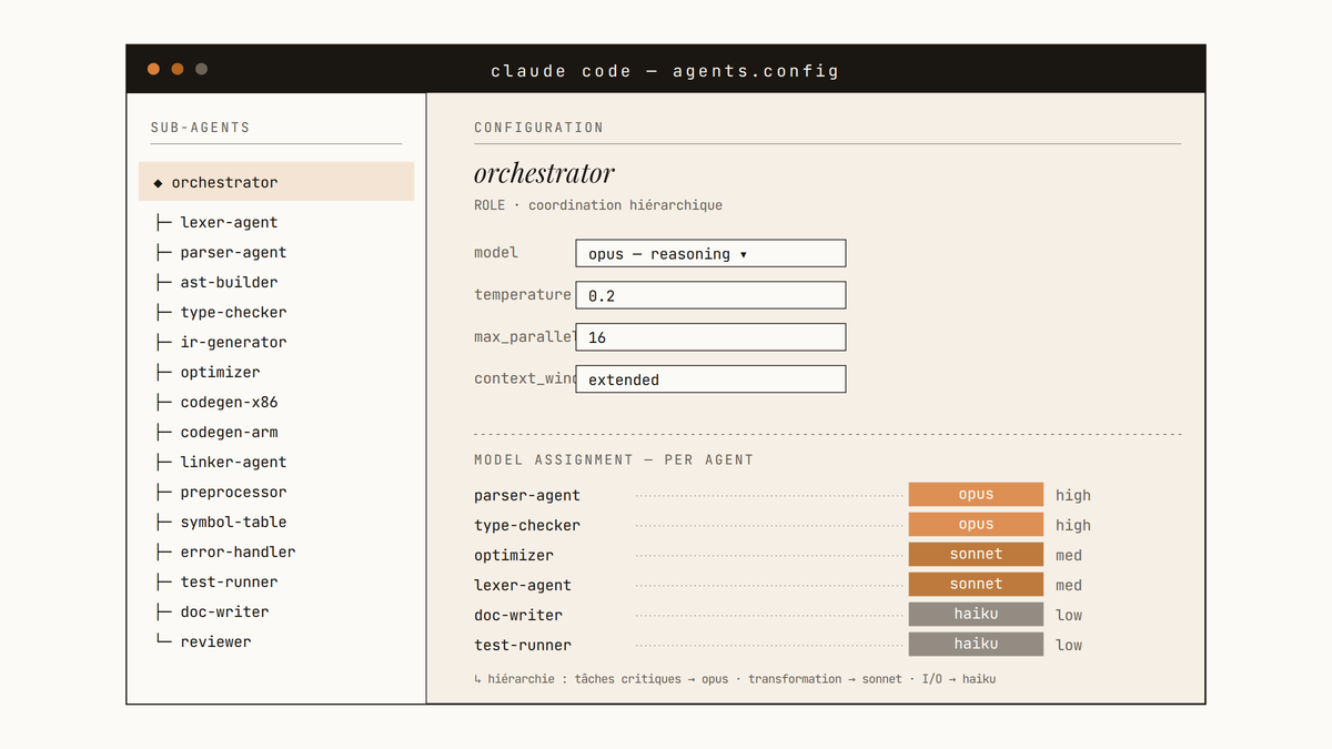Maquette d'interface Claude Code montrant une liste de seize sous-agents à gauche et un panneau de configuration à droite avec l'assignation de différents modèles par agent.