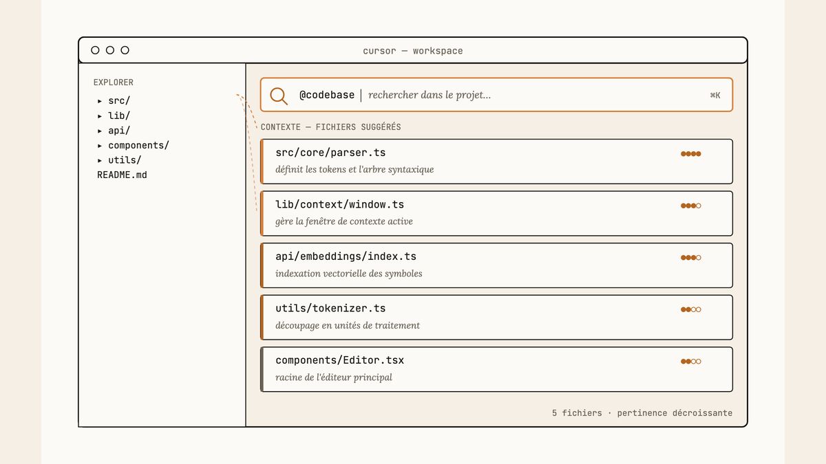 Maquette au trait de l'interface Cursor avec la barre de recherche @codebase active et cinq fichiers suggérés dans le panneau de contexte, triés par pertinence.