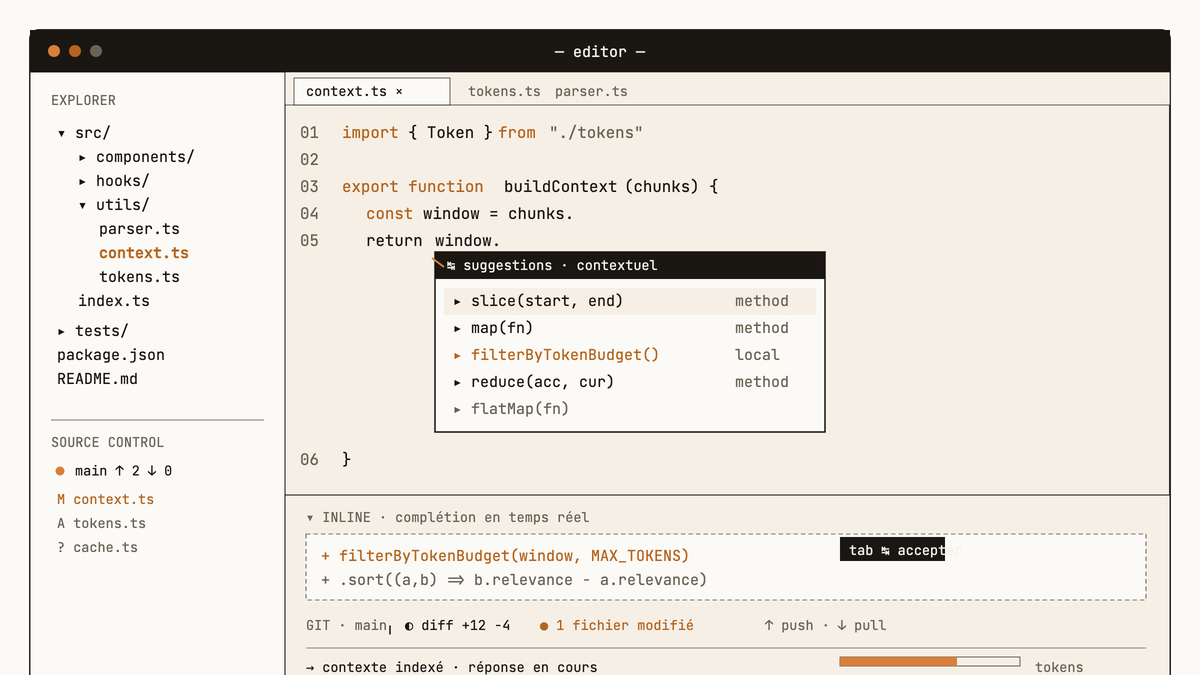 Maquette au trait d'une interface d'éditeur de code type Cursor : arborescence de fichiers, éditeur avec coloration syntaxique, panneau de suggestions contextuelles, complétion inline proposée et barre d'état git.