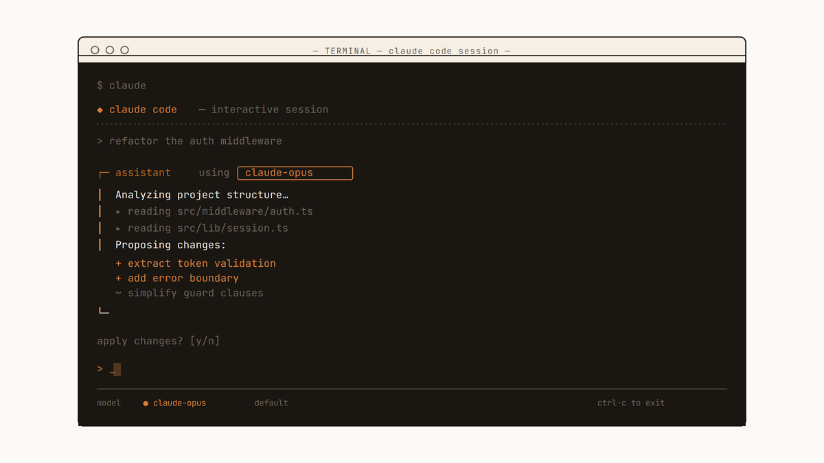 Maquette d'une session Claude Code dans un terminal sombre, avec le nom du modèle mis en évidence dans l'en-tête de la réponse de l'assistant.