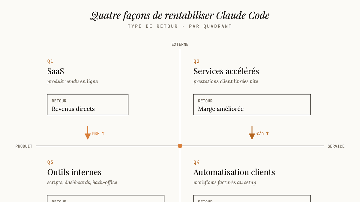 Diagramme en quatre quadrants classant les usages de Claude Code selon l'axe produit/service et interne/externe, avec le type de retour financier par cas.