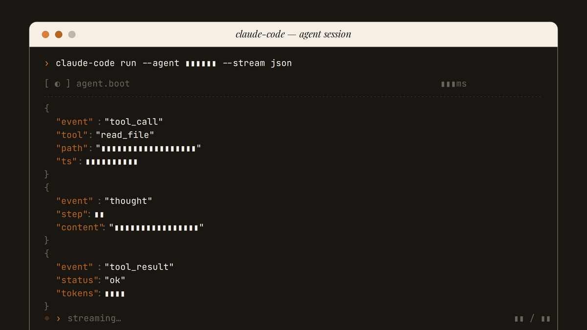 Maquette d'un terminal Claude Code affichant un agent en cours d'exécution avec des événements JSON structurés en flux