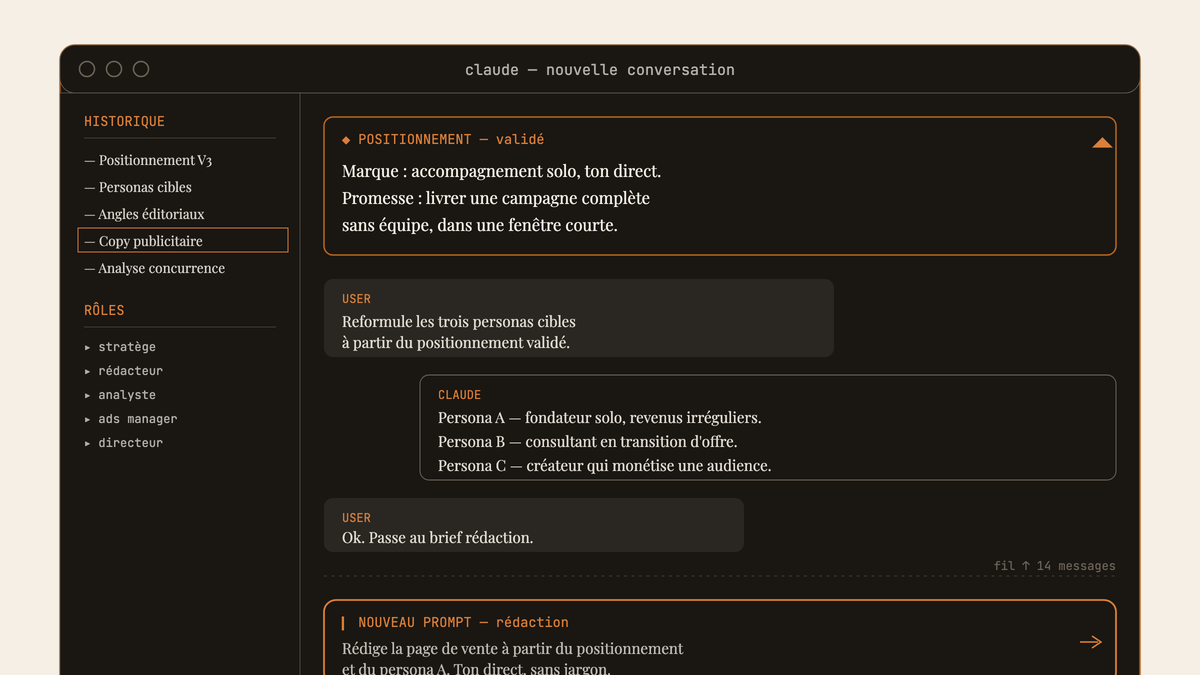 Maquette d'interface sombre de Claude montrant un fil de conversation avec bloc de positionnement validé en haut et nouveau prompt de rédaction en bas.