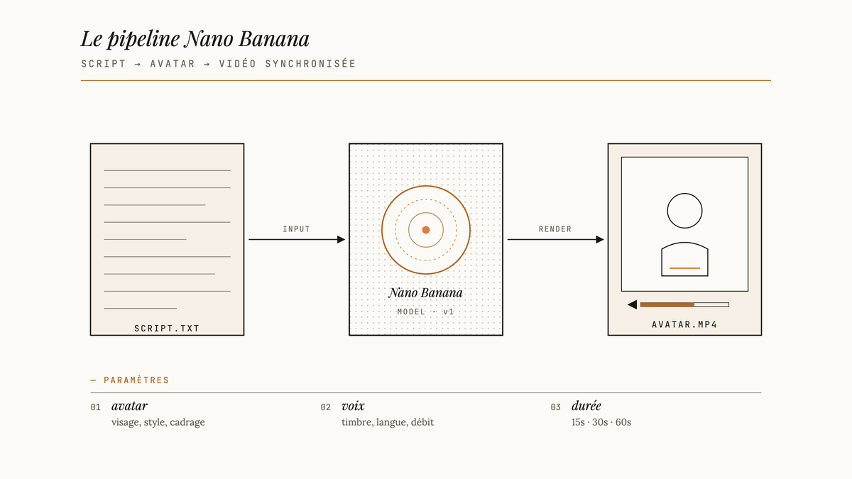 Schéma en trois blocs montrant un fichier script entrant dans Nano Banana et sortant sous forme de vidéo avatar, avec les paramètres avatar, voix et durée listés en bas.