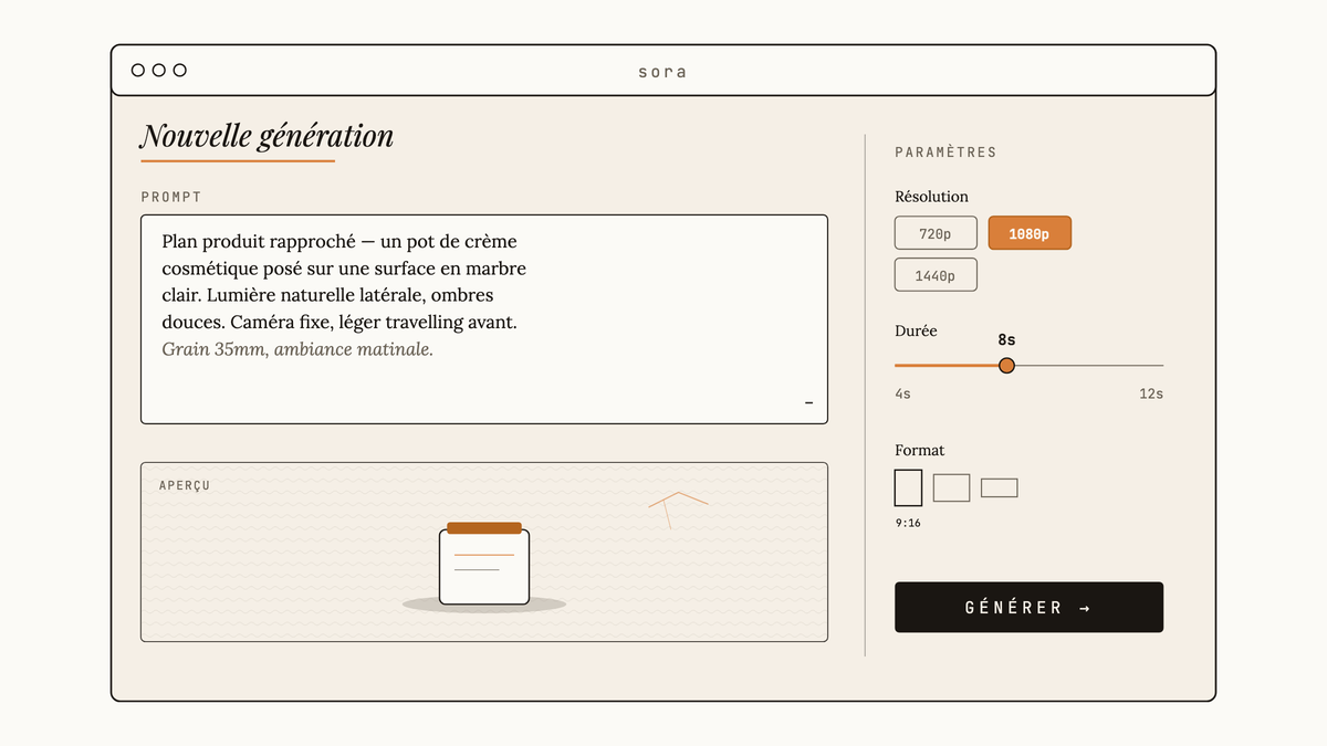Maquette au trait d'une interface Sora avec zone de prompt décrivant un plan produit sur marbre et panneau latéral de paramètres résolution et durée.