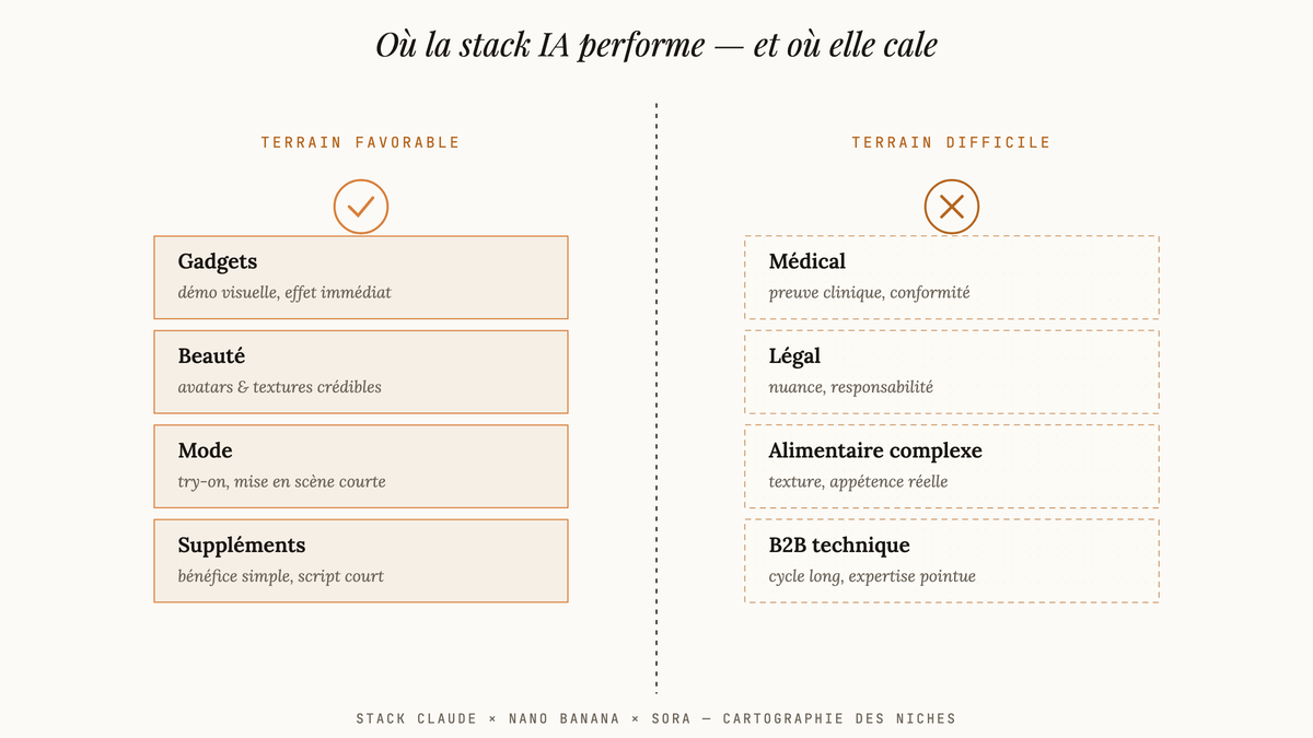 Tableau comparatif à deux colonnes : à gauche les niches favorables à la stack IA (gadgets, beauté, mode, suppléments) marquées d'une coche ambre ; à droite les niches difficiles (médical, légal, alimentaire complexe, B2B technique) marquées d'une croix bronze.