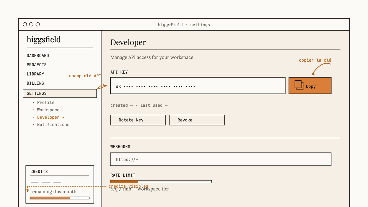 Maquette au trait de la page Settings › Developer de higgsfield avec champ API Key, bouton Copy en ambre et compteur de crédits dans la barre latérale.