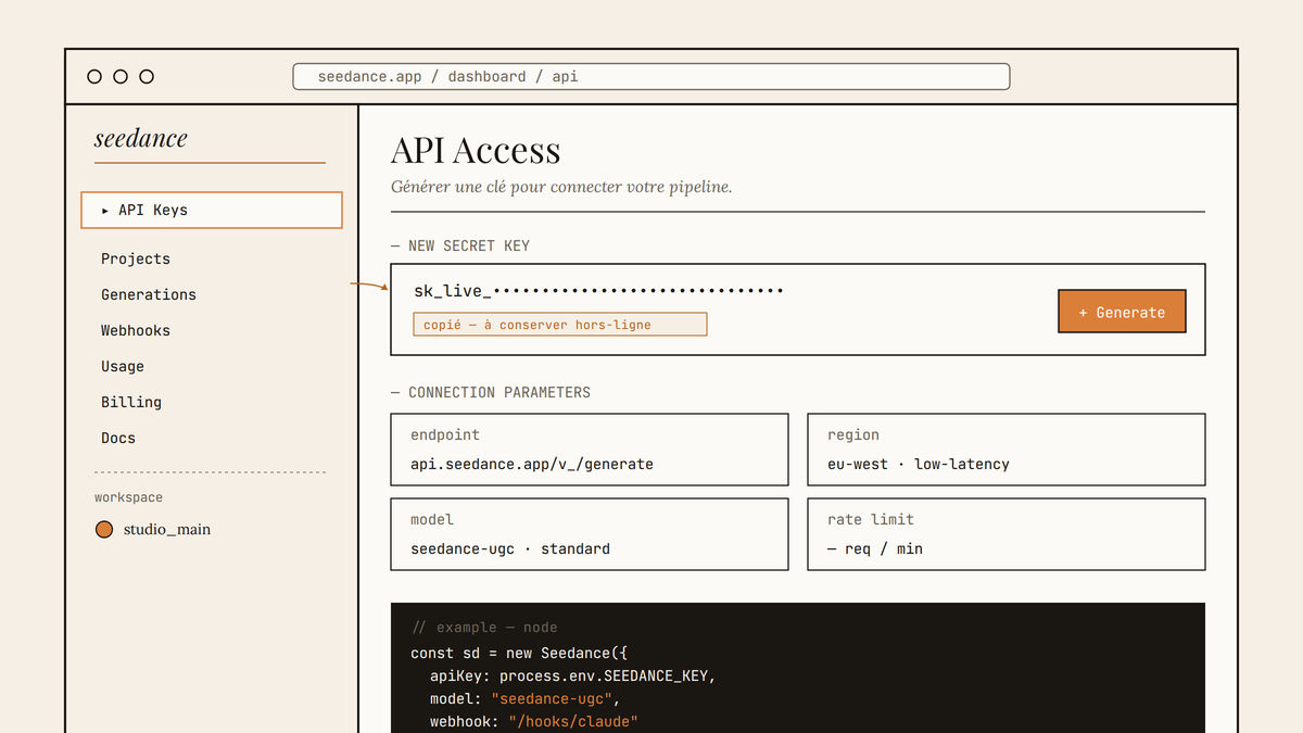 Maquette d'un dashboard API Seedance avec génération de clé secrète et paramètres de connexion.
