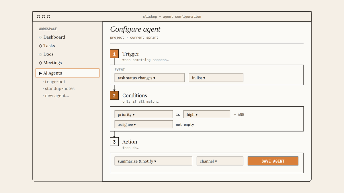 Maquette au trait d'une interface ClickUp 4.0 montrant la configuration d'un agent IA en trois étapes : déclencheur, conditions et action.